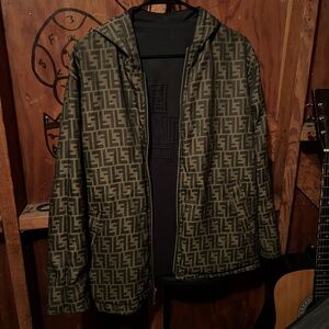 Vintage Men’s Fendi Reversible Black Brown Monogram FF Hooded Zip Jacket